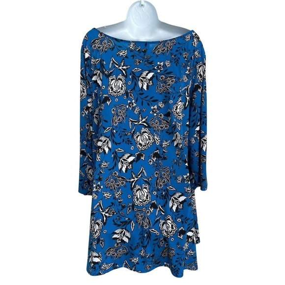 LIZ CLAIBORNE Blue Floral Tunic Top Women's Plus 3X Scoopneck 3/4 Sleeve Blouse - Picture 2 of 4